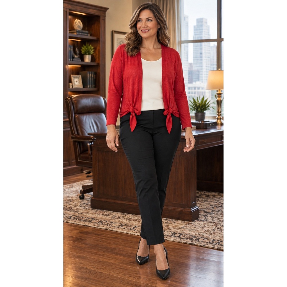 Belle by Kim Gravel Cardigan Women Size Large Red Open Front Side Tie Slub Knit